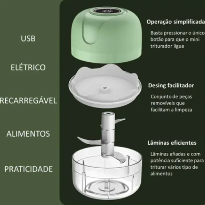 Mini Processador Elétrico de Alimentos Portátil - 3 lâminas de Aço Inox. - Imagem 4