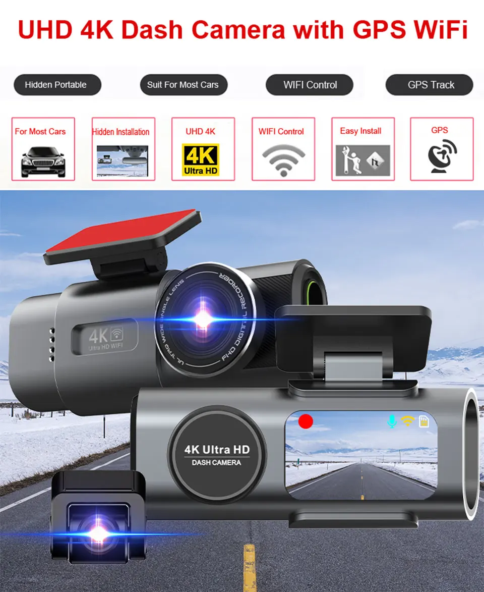 Câmera de Carro DVR - Visão Noturna/Gravador de Vídeo/Suporte Wi-Fi/Dash Cam 4K UHD. - Imagem 2