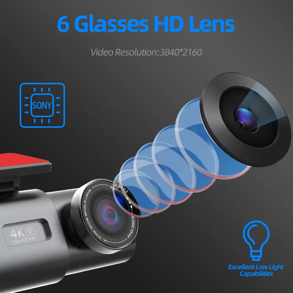 Câmera de Carro DVR - Visão Noturna/Gravador de Vídeo/Suporte Wi-Fi/Dash Cam 4K UHD. - Imagem 3