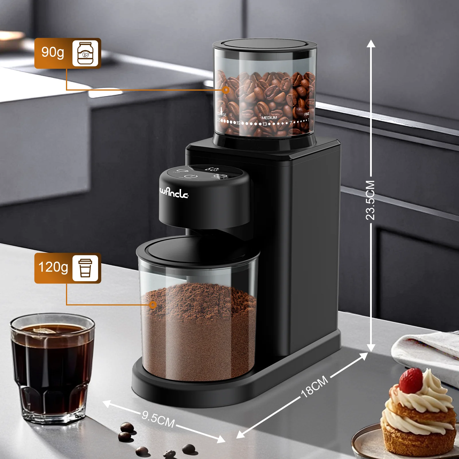 Moedor de Café Elétrico Cônico Com Tela Sensível ao Toque - Moedor de Grãos.