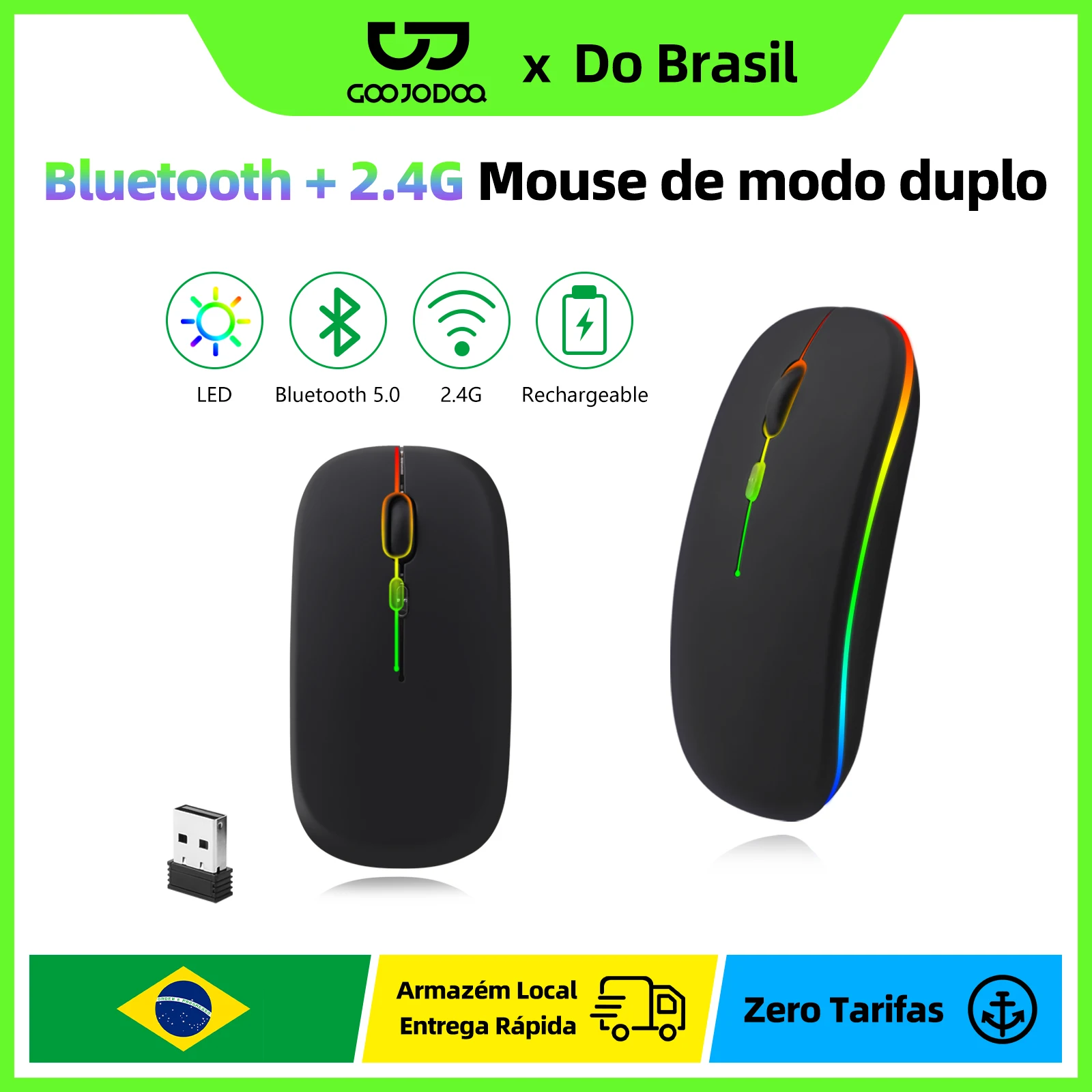 Mouse Modo Duplo Recarregável - Luz Colorida GOOJODOQ Bluetooth + 2.4G. - Imagem 2