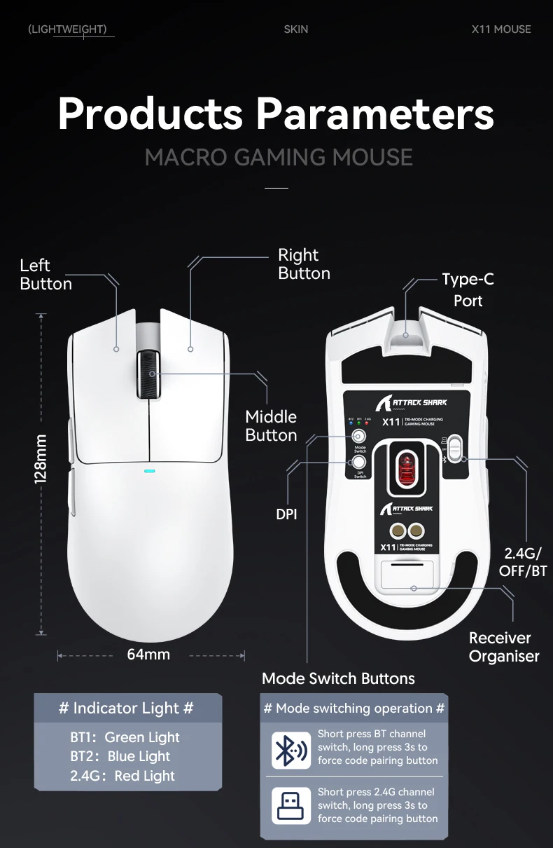 Mouse Gamer Sem Fio X11 - Tri-Mode RGB/Sensor Óptico PAW3311. - Imagem 16