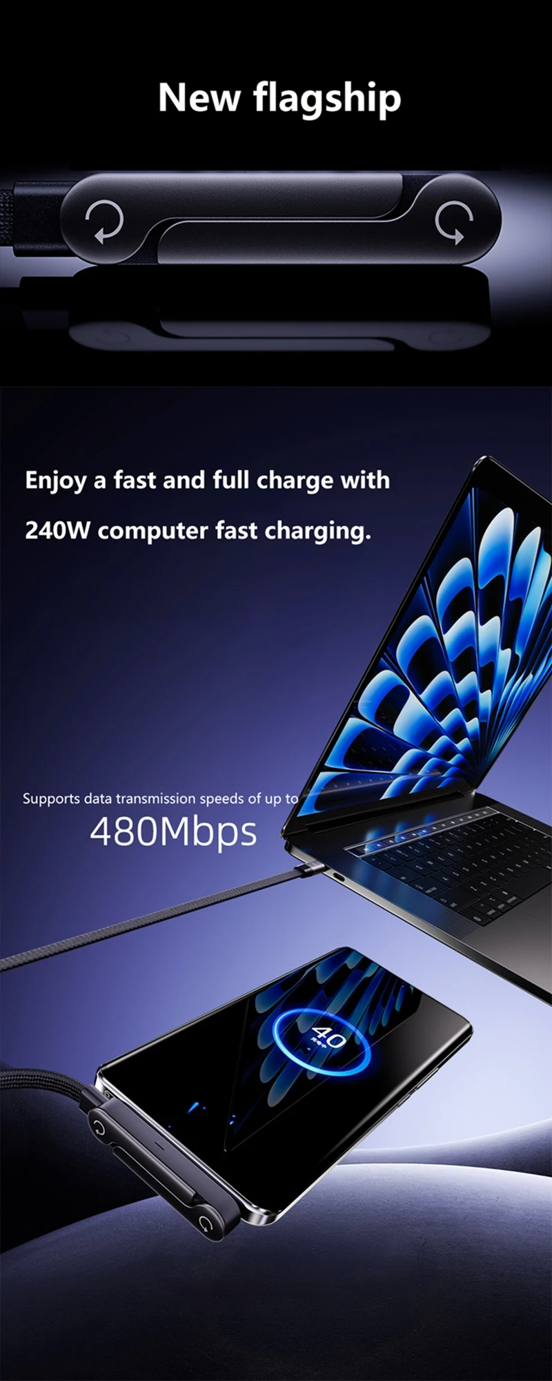 Carregador Rápido Dobrável – Suporte/Cabo de Dados240W. - Imagem 5