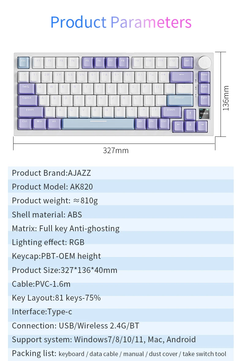 Teclado Mecânico Para Jogos AJAZZ-AK820 Pro/Com fio/2.4GHz. - Imagem 8