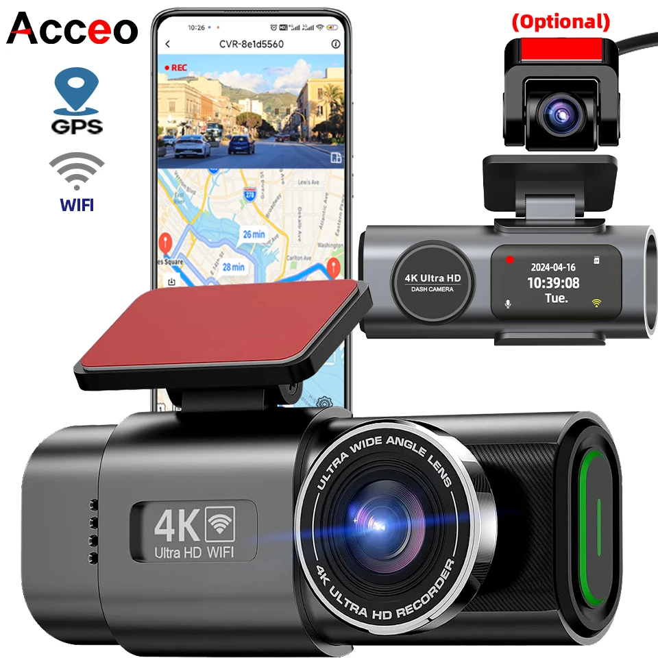 Câmera de Carro DVR - Visão Noturna/Gravador de Vídeo/Suporte Wi-Fi/Dash Cam 4K UHD.