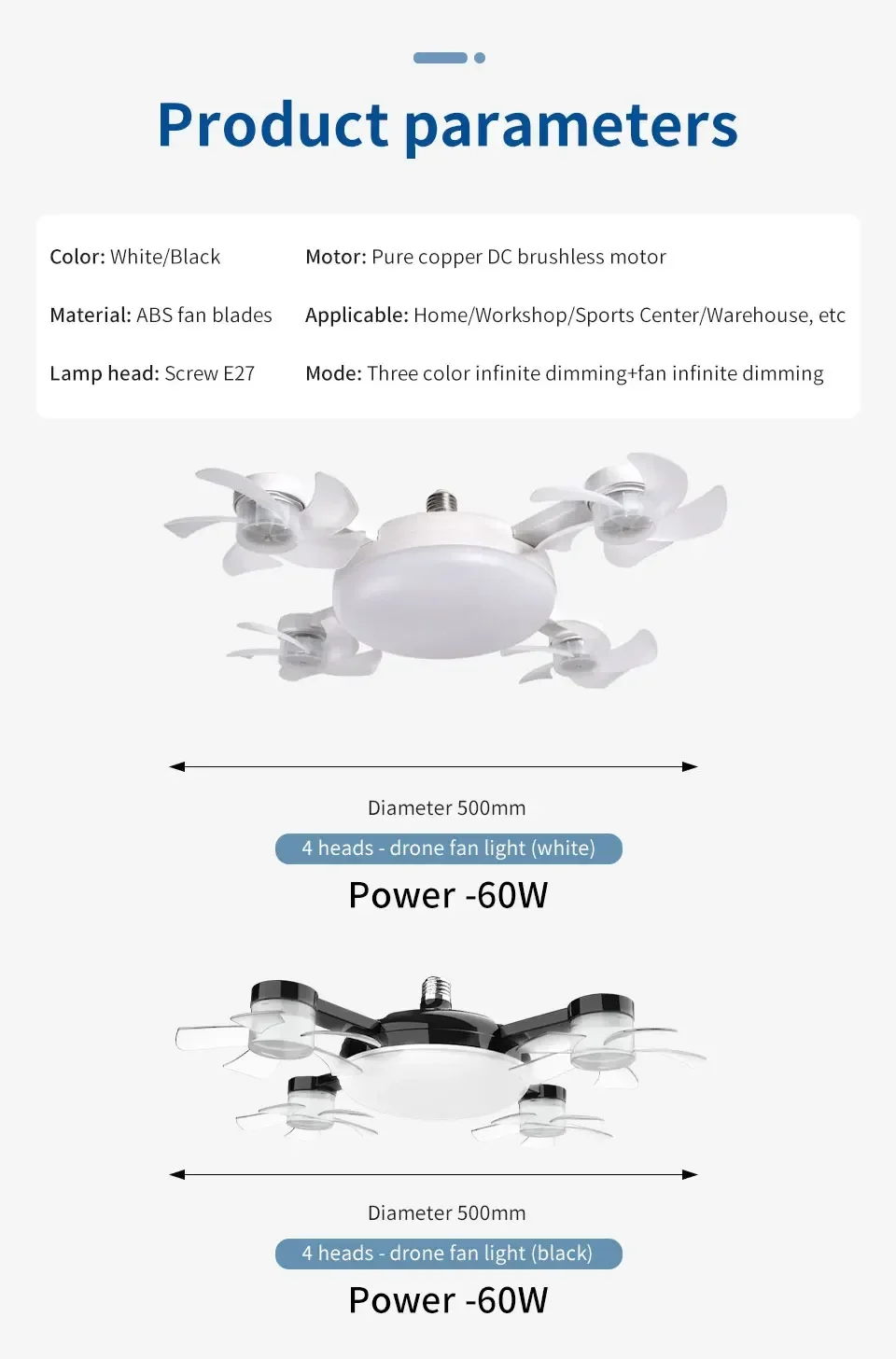 Ventilador de Luz 2 em 1 - 60w E27/Drone Design.Controle Remoto AC85-265V. - Imagem 8