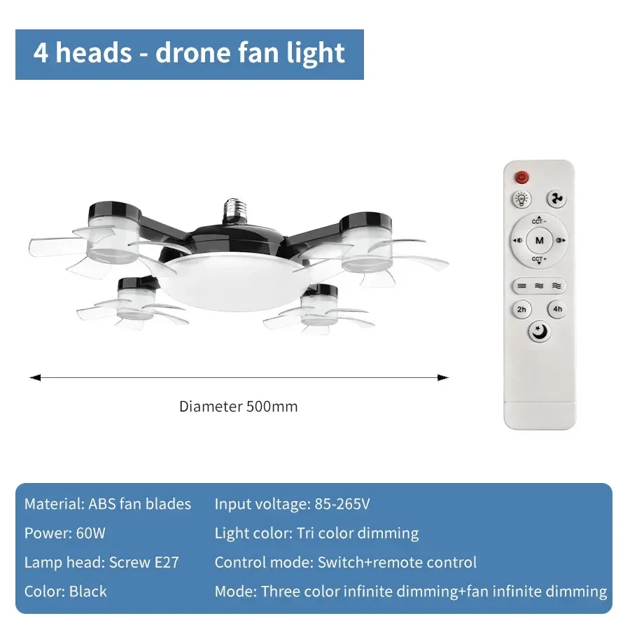Ventilador de Luz 2 em 1 - 60w E27/Drone Design.Controle Remoto AC85-265V. - Imagem 2