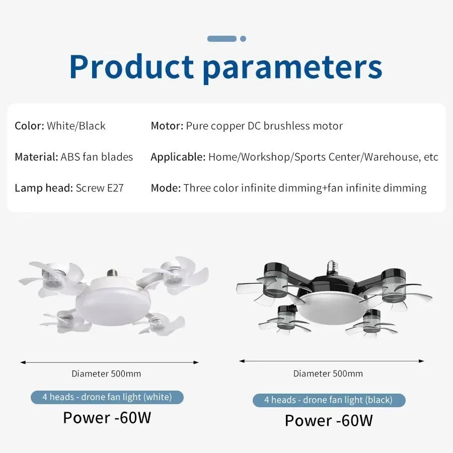 Ventilador de Luz 2 em 1 - 60w E27/Drone Design.Controle Remoto AC85-265V. - Imagem 19