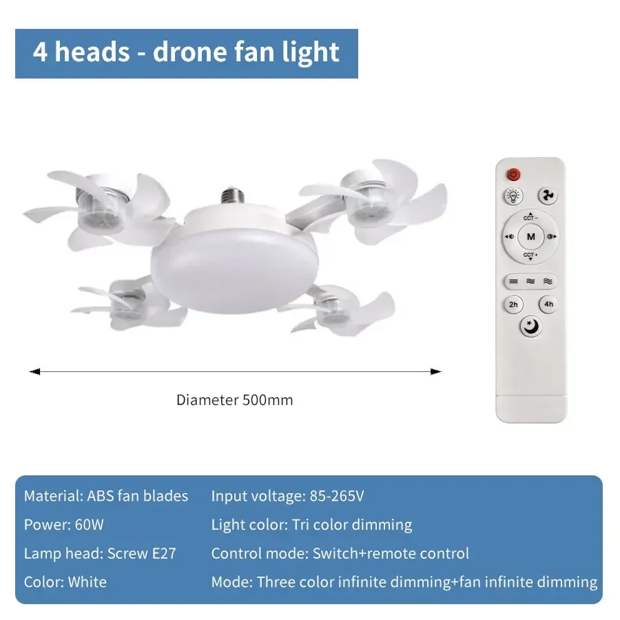 Ventilador de Luz 2 em 1 - 60w E27/Drone Design.Controle Remoto AC85-265V. - Imagem 3