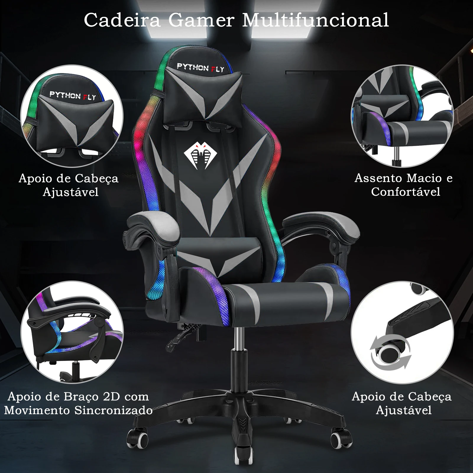 Cadeira Ergonômica Para Jogos e Escritório Python FLY. - Imagem 8