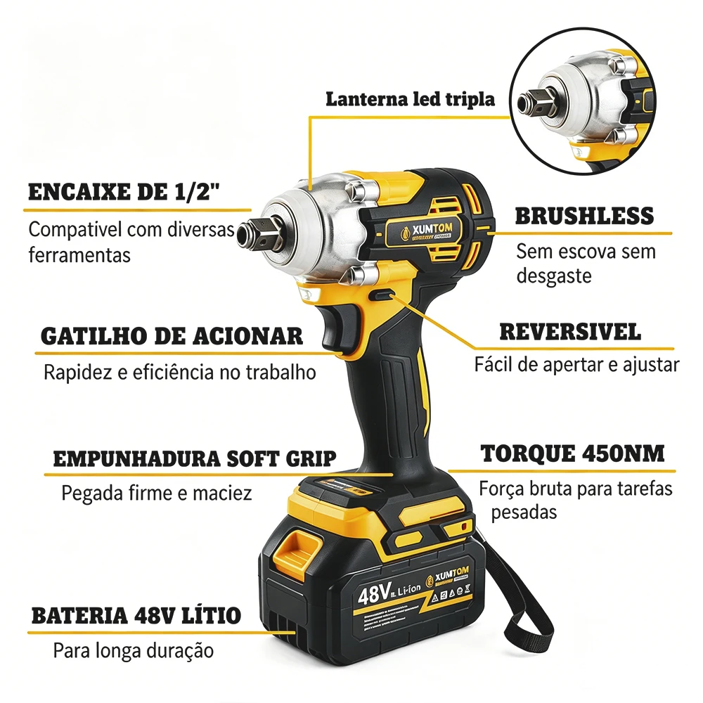 Chave De Impacto 48V Eletrica Profissional Parafusadeira 450NM Brushless - 2 Baterias Maleta. - Imagem 4